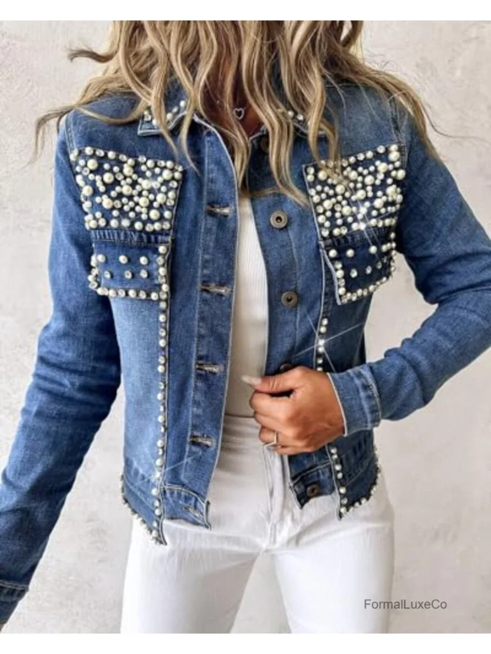 Pearls Denim Jacket Cropped Rhinestone Button Down Jean Coat